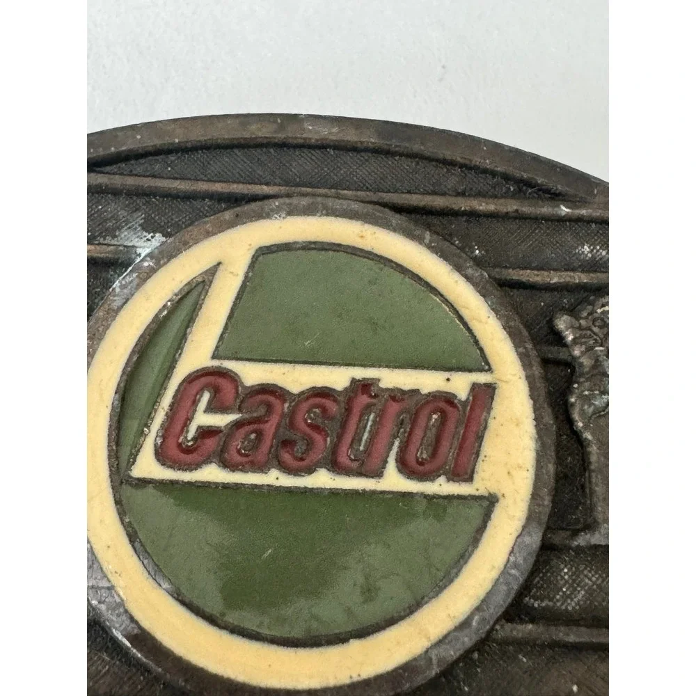 Vintage Castrol Oil Belt Buckle‎ Metal Automotive Racing Logo Lions Patina